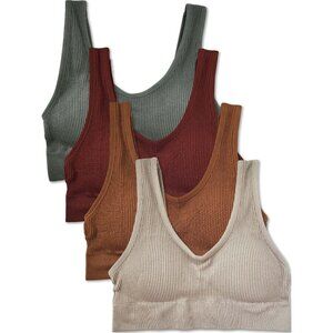 Kalon 4 Pack Ribbed Bralette Crop Top Comfort Lounge Bra 1041 E. Tones XXS - XXL
